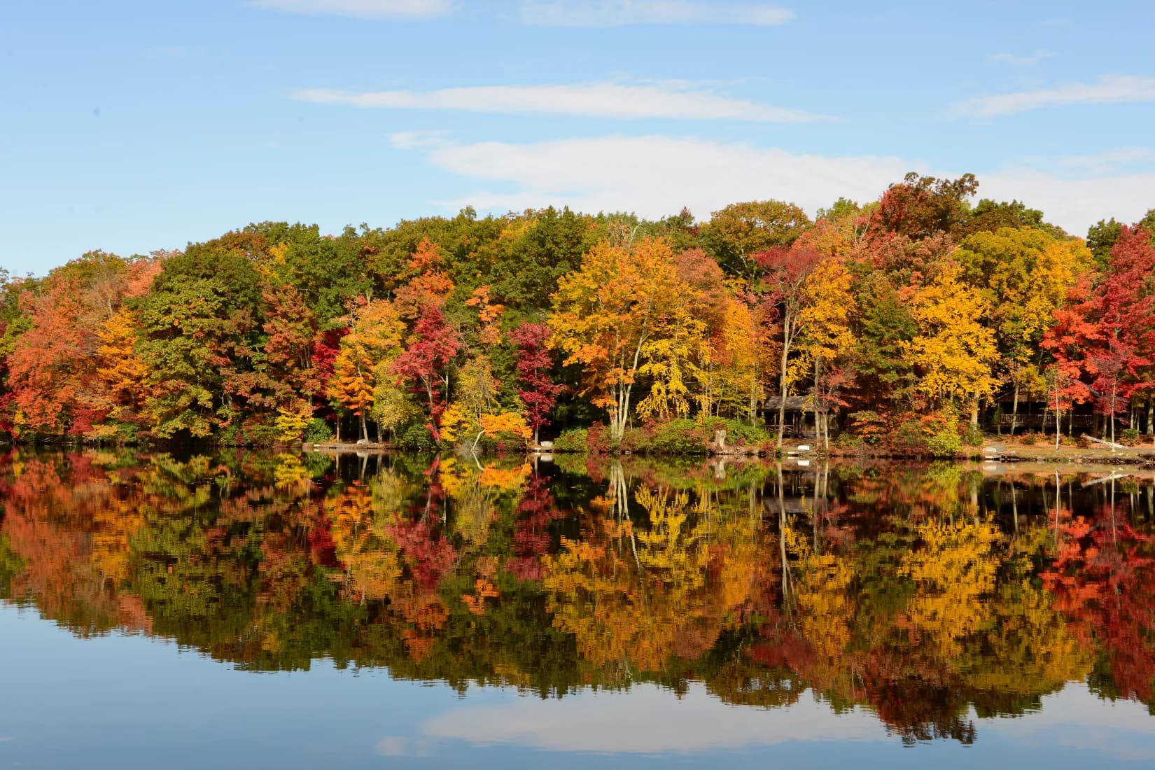 Vibrant autumn forest with red, orange, and yellow leaves reflected perfectly on a calm lakeside surface.